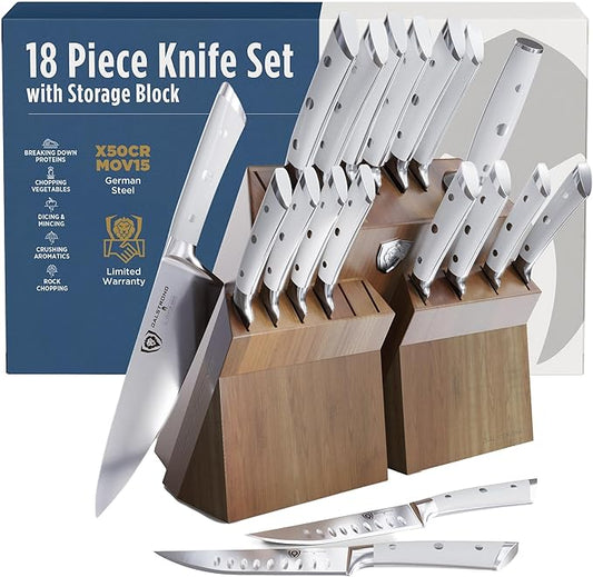 Dalstrong 18-Piece Gladiator Colossal Knife Block Set (White Handles) — German High-Carbon Steel, Full-Tang, Hand-Sharpened — For Home Chefs, Wedding Registries & Serious Kitchens — Acacia Block, NSF by Dalstrong