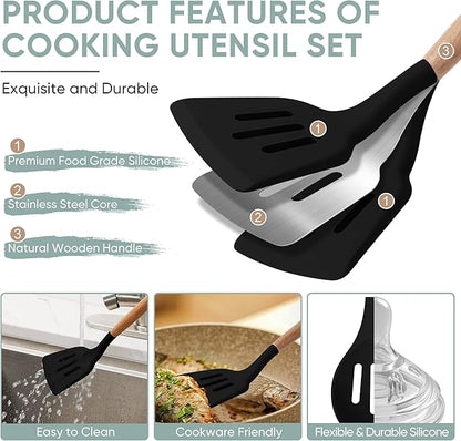Herogo 5-Piece Cooking Utensils Set, Silicone Kitchen Utensils Set with Wooden Handle, Heat Resistant Cooking Tools Slotted Turner, Spoon, Soup Ladle, Spatula, Spoonula for Nonstick Cookware, Black - Image 3