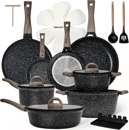 Pots and Pans Set Nonstick 22 Pcs, Ceramic cookware set Non-Toxic Coating Inky Granite Kitchen Cookware Set, Induction Kitchen Cooking Set w/Frying Pans, Saucepans & Glass Lids, PFOS & PFOA Free by useluck