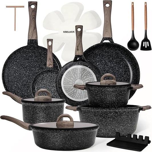 Pots and Pans Set Nonstick 22 Pcs, Ceramic cookware set Non-Toxic Coating Inky Granite Kitchen Cookware Set, Induction Kitchen Cooking Set w/Frying Pans, Saucepans & Glass Lids, PFOS & PFOA Free by useluck