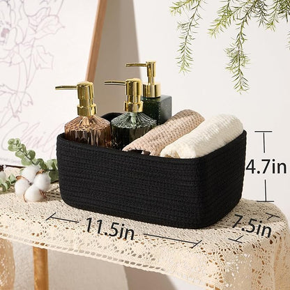 MiniArk Small Storage Baskets for Organizing | Closet Organizer Bins | Shelf Toy Basket | Woven Rope Baskets | Cube Decorative Box | Shallow Basket | 11.5x7.5x4.7” | 4 Packs Black