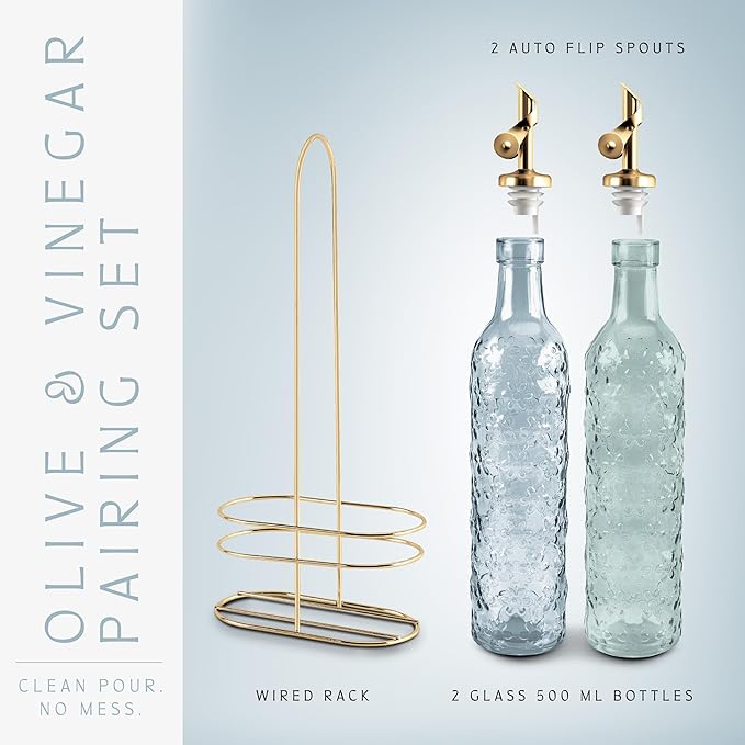 COOK WITH COLOR Glass Olive Oil Bottle Dispenser - 2 Pack- 17oz Oil and Vinegar Cruet - Olive Oil Carafe Decanter for Kitchen, Floral, Blue - Image 3