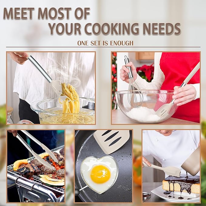 E-far Silicone Cooking Utensils Set, 14-Piece Khaki Kitchen Utensils Set with Holder, Kitchen Tools Spatulas with Stainless Steel Handle for Non-stick Cookware, Heat Resistant & Dishwasher safe - Image 3