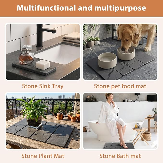 Large Stone Dish Drying Mat for Kitchen Counter, 2 PCS Quick Dry Diatomaceous Earth Dish Mat Set – Foldable Water Absorbing Kitchen Accessories for Countertop(Dark Gray 24"x16"&8"x4") - Image 7