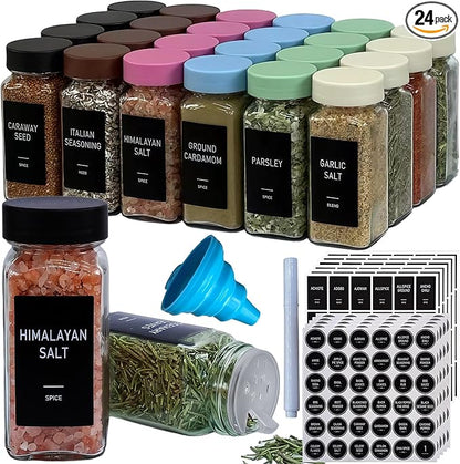 Spice Jars with Labels - 24 Glass Spice with Shaker Lids & Airtight Plastic Caps - 4oz Complete Seasoning Containers Organizer Set for Cabinet, Drawer & Rack (Black) by Unknown