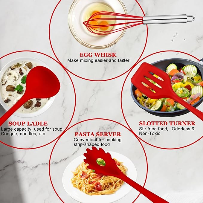 E-far 10 Pieces Silicone Cooking Utensils Set, Heat Resistant Kitchen Utensil Set for Nonstick Cookware, Kitchen Cooking Tools with Spatula, Spoon, Slotted Turner, Non-Toxic & Dishwasher Safe (Red) - Image 3