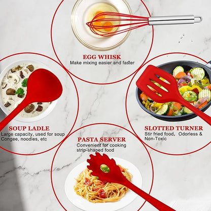 E-far 10 Pieces Silicone Cooking Utensils Set, Heat Resistant Kitchen Utensil Set for Nonstick Cookware, Kitchen Cooking Tools with Spatula, Spoon, Slotted Turner, Non-Toxic & Dishwasher Safe (Red) - Image 3