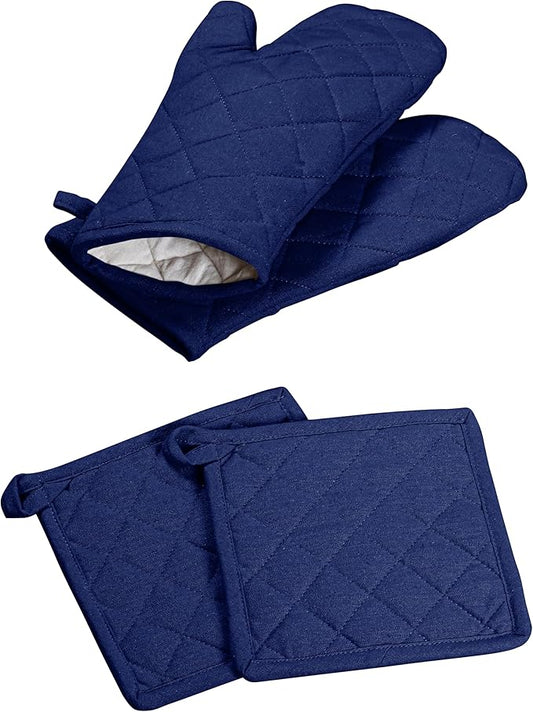 Oven Mitt (7"x13") & Pot Holder (8"x8") 100% Cotton Set of Heat Resistant Oven Gloves & Hot Pads for Gifts, BBQ, Cooking, Baking, Thanksgiving - Indigo Blue