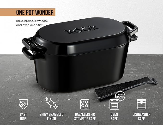 KooK Dutch Oven, for Bread Baking, Sourdough Loaf Pan, with Lid, Dual Handles, Enameled Cast Iron, includes Lid Lever, Dishwasher Safe, Oven safe 500F, 3.4 Qt, Black - Image 8