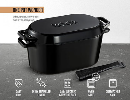 KooK Dutch Oven, for Bread Baking, Sourdough Loaf Pan, with Lid, Dual Handles, Enameled Cast Iron, includes Lid Lever, Dishwasher Safe, Oven safe 500F, 3.4 Qt, Black - Image 8