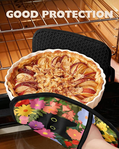 Slohif Cute Silicone Oven Mitts Heat Resistant for Women,Black Cat 100% Cotton Long Oven Mittens Gloves, Non-Slip Thick Kitchen Oven Mits Set with Hanger for Baking and Cooking Gifts