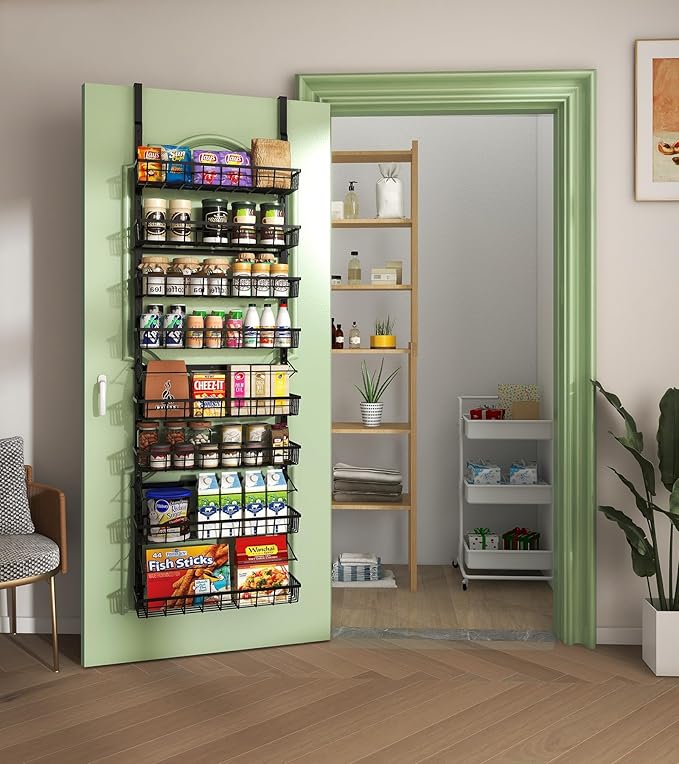 Mefirt Over The Door Pantry Organizer, Wall Mount Spice Rack, Pantry Hanging Storage and Organization, 8 Adjustable Baskets Heavy-Duty Metal for Home & Kitchen, Back of Door Seasoning Rack - Black - Image 9