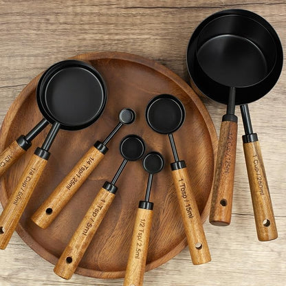 Measuring Cups and Spoons Set of 8, Stainless Steel Measuring Cup with Wooden Handle, Kitchen/Food/Liquid/Baking (Black)