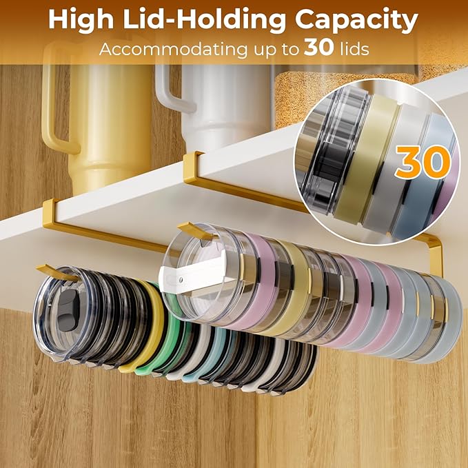 2 PCS Tumbler Lid Organizers, Ample Lid Capacity Up to 30 Lids, No Adhesive No Drill Yeti Lid Organizer Holder Inside Cabinet, Space-Saving Stanley Tumbler Cup Lid Holder Organizer for Kitchen (Gold) - Image 2