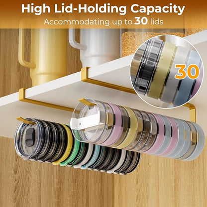 2 PCS Tumbler Lid Organizers, Ample Lid Capacity Up to 30 Lids, No Adhesive No Drill Yeti Lid Organizer Holder Inside Cabinet, Space-Saving Stanley Tumbler Cup Lid Holder Organizer for Kitchen (Gold) - Image 2
