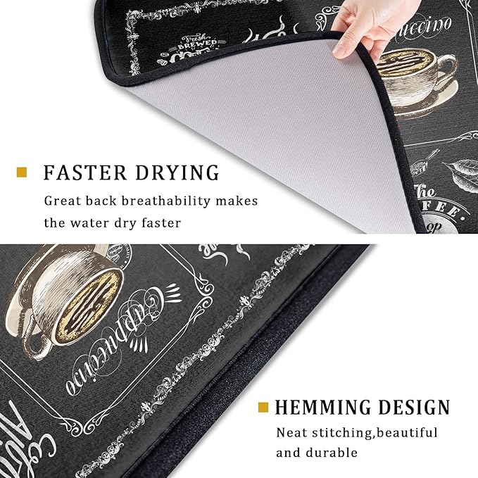 Giwawa Coffee Bean Maker Dish Drying Mat for Countertops, 18x24 inch Absorbent Microfiber Espresso Cup Spill Mats Black Machine Drainer Mat Dish Drainer Rack Mat Protector Kitchen Accessories Bar