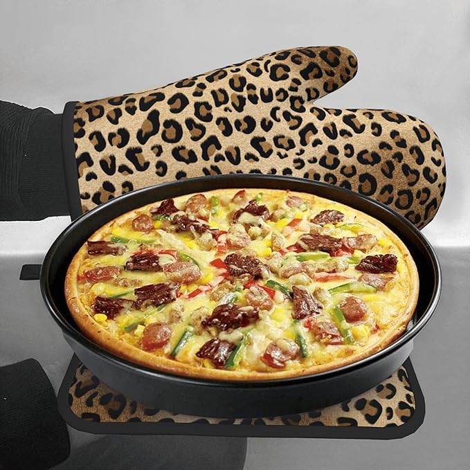 Leopard Print Oven Mitts - Brown Oven Mitts and Pot Holders Sets of 2 Animal Print Kitchen Mitts Hot Pads for Baking Grilling - Image 7