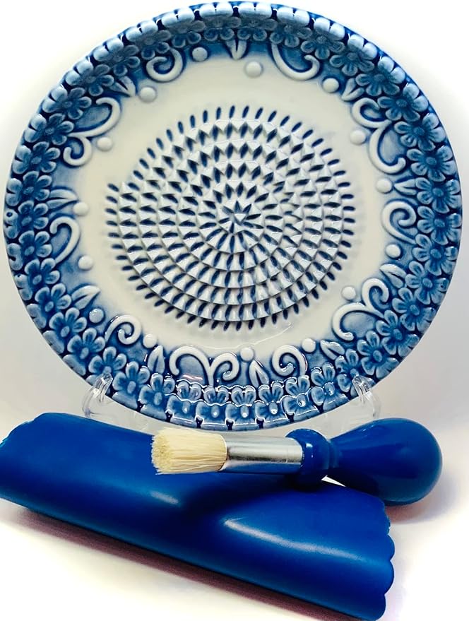 BonCera, All-in-one Premium Ceramic Garlic Grater Plate 4-Piece Set - Blue Embossed Design and Style - For Garlic, Ginger, Chocolate, and more! - Comes with 5.25" Plate, Peeler, Brush, and Stand by BonCera