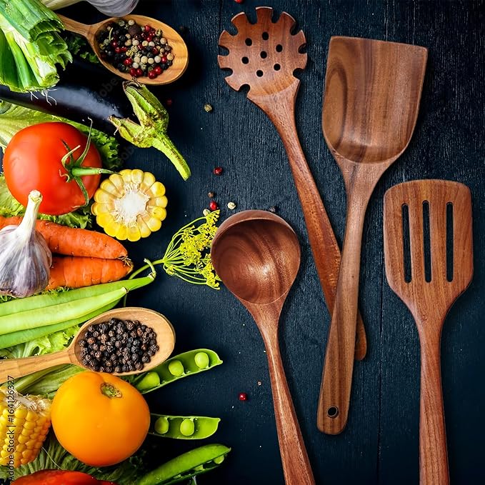 Wooden Spoons for Cooking 9 Pieces Set, TeakWooden Kitchen Utensil Set, Wooden Cooking Utensils Spoons, Spatulas, Heat-Resistant, Lightweight & Durable, Perfect for Non-Stick Cookware - Image 6