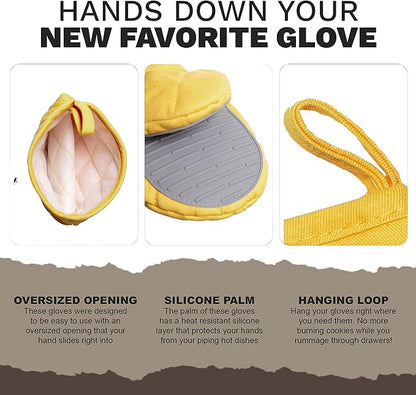 Oven Mitts Heat Resistant - Yellow Mini Silicone Gloves & Pot Holders Set for Kitchen