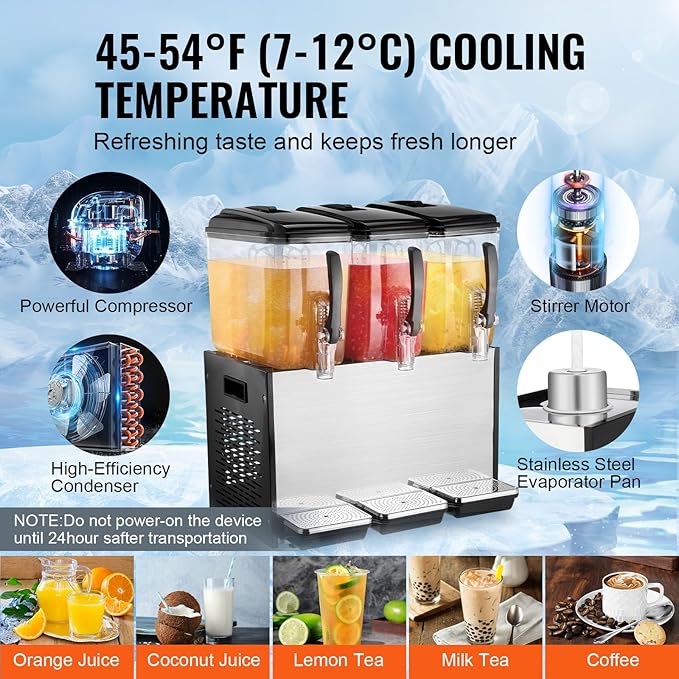 VEVOR Commercial Beverage Dispenser, 3 Tanks 12 L / 12.7 QT Per Tank Juice Dispenser, 370W Stainless Steel Ice Tea Drink Machine with 45°F-54°F Cooling Temperature, for Cold Drink Restaurant Bar Party - Image 3