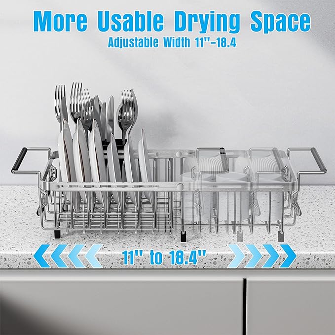 Expandable Over The Sink Dish Drying Rack, Anti-Rust Stainless Steel in Sink Dish Drainer with Cutlery Holder, Counter Space Saving Sturdy Sink Drying Rack for Many Kitchen Drain Task - Image 6