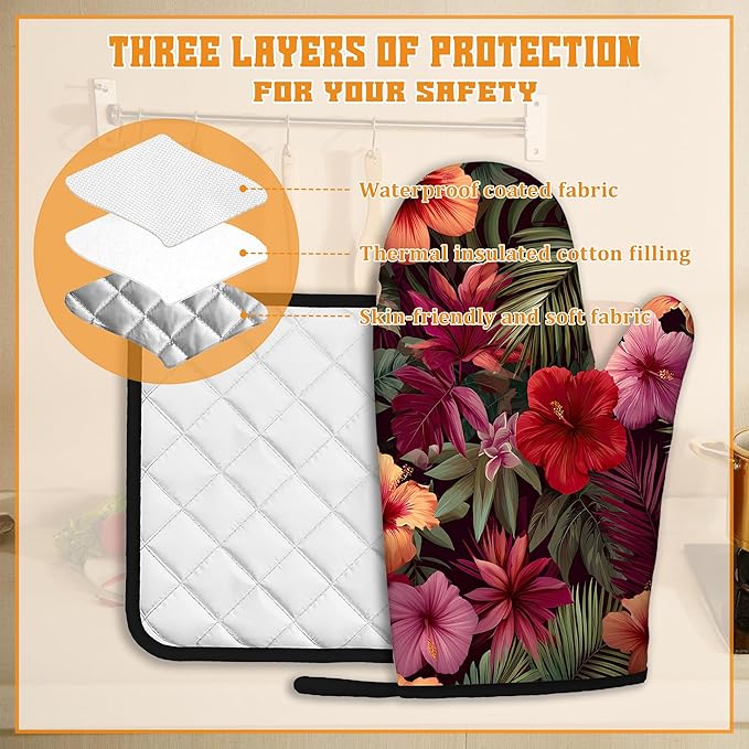 Tropical Palm Leaf Oven Mitts and Pot Holders Set,Hibiscus Kitchen Oven Gloves and Pot Holder with Heat Resistant Non Slip for Cooking Baking Grilling(4 Piece Set)