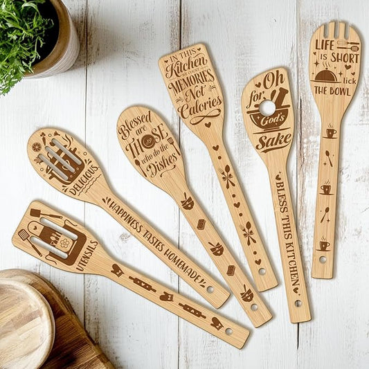 CUTHOLLOW 6PCS Kitchenware Wooden Kitchen Cooking Utensil Set, 11.9in Non Toxic Bamboo Wood Spoon Set for Cooking, Best Housewarming Birthday Thanksgiving Christmas Gift for Women Mother