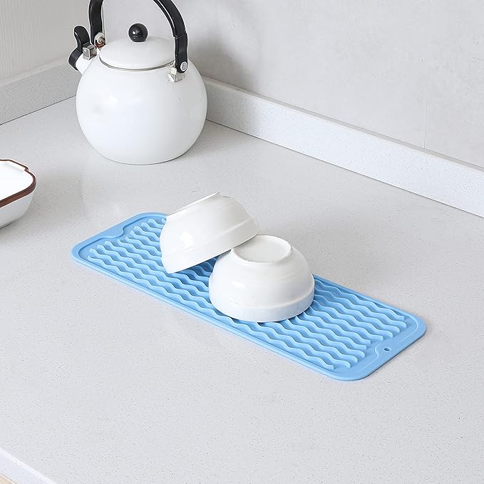 MicoYang Silicone Dish Drying Mat for Multiple Usage,Easy clean,Eco-friendly,Heat-resistant Silicone Mat for Kitchen Counter,Sink,Bar,Bottle,or Cup Light Blue M 17 inches x 6 inches - Image 8