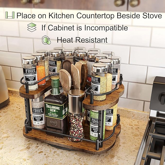 Lazy Susan Organizer Spice Rack - Spice Organization for Cabinet Height Adjustable Rotating Lazy Turntable, Pantry Kitchen Wood Revolving Seasoning Organizer (Vintage, 12 Inch) - Image 3