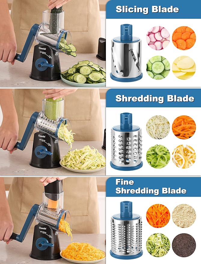 Geedel Rotary Cheese Grater Cheese Shredder - Upgraded 5-in-1 Cheese Grater with Handle and Strong Suction Base, Multi-purpose Vegetable Slicer Ice Shaver Nuts Grinder for Ice, Vegetables, Fruit, Nuts - Image 4