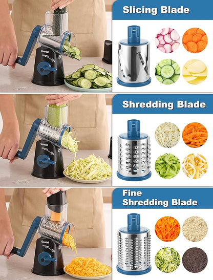 Geedel Rotary Cheese Grater Cheese Shredder - Upgraded 5-in-1 Cheese Grater with Handle and Strong Suction Base, Multi-purpose Vegetable Slicer Ice Shaver Nuts Grinder for Ice, Vegetables, Fruit, Nuts - Image 4