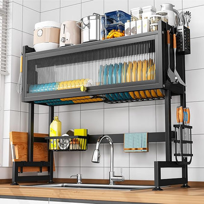 SNSLXH  2-Tier Over The Sink Dish Drying Rack, 33.66"×31.1"×11.81", Large Sink Rack for Kitchen, Saving Kitchen Space, Cover Design Holds Dishes, Bowls, and Cutlery, Kitchen Sink Shelf by SNSLXH