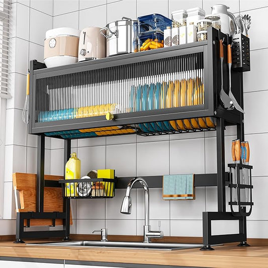 SNSLXH  2-Tier Over The Sink Dish Drying Rack, 33.66"×31.1"×11.81", Large Sink Rack for Kitchen, Saving Kitchen Space, Cover Design Holds Dishes, Bowls, and Cutlery, Kitchen Sink Shelf by SNSLXH