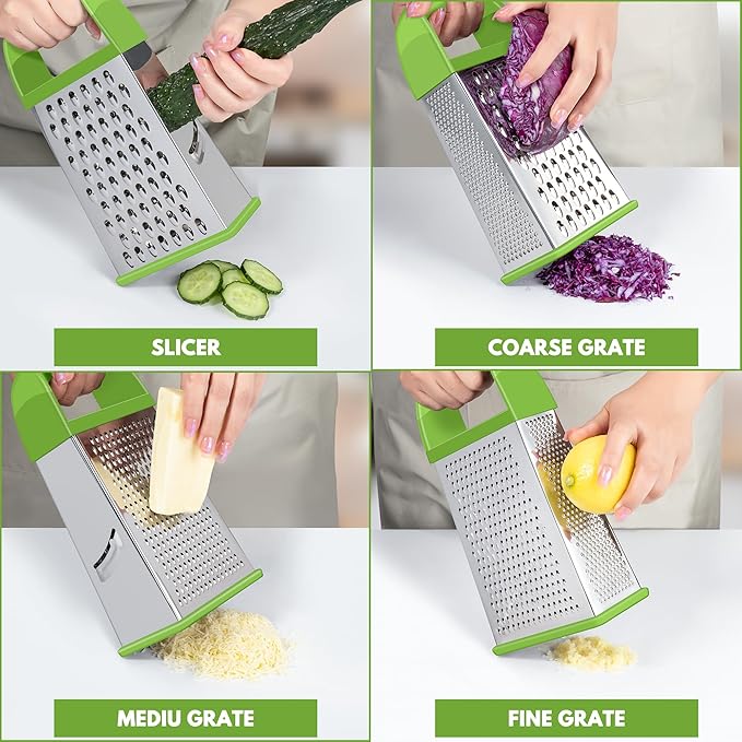 Urbanstrive Cheese Grater With Container, Professional Cheese Grater with Handle, Stainless Steel Graters for Kitchen Handheld, Box Grater with 4 Sides for Vegetables, Ginger, Potatoes (Green) - Image 3