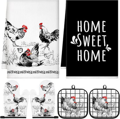 Leinuosen 6 Ink Rooster Farmhouse Kitchen Decor Dish Towels Oven Mitts and Pot Holders Sets Chicken Kitchen Towels Absorbent Decorative Accessories for Cooking Baking Grilling