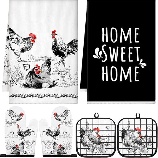 Leinuosen 6 Ink Rooster Farmhouse Kitchen Decor Dish Towels Oven Mitts and Pot Holders Sets Chicken Kitchen Towels Absorbent Decorative Accessories for Cooking Baking Grilling