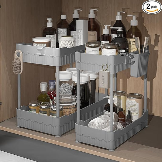 Sevenblue 2 Pack Under Sink Organizer, Under Bathroom Cabinet Organizer with Hooks Hanging Cup, Multi-Purpose Storage Shelf for Kitchen Bathroom (Gray, 14.8 Inch) by Sevenblue