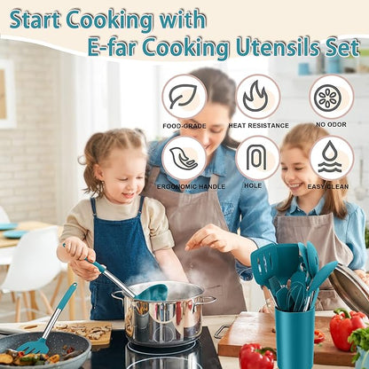 Silicone Cooking Utensils Set, E-far 14-Piece Blue Kitchen Utensils Set with Holder, Kitchen Tools Spatulas with Stainless Steel Handle for Non-stick Cookware, Heat Resistant & Dishwasher safe - Image 7