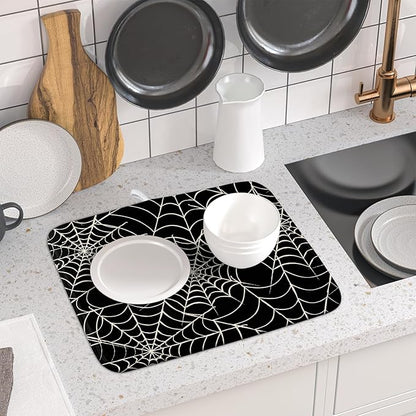 Halloween Dish Drying Mat for Kitchen Counter 16x18 Spider Web Black Holiday Scary Theme Absorbent Reversible Microfiber Drying Mats Kitchen Countertop Protector Dishes Drainer Pad - Image 6