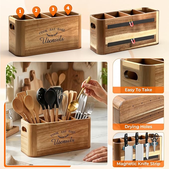 Acacia Wood Utensil Holder for Kitchen Countertop, Extra Large Wooden Utensil Organizer with Magnetic Knife Strip, 4 Compartment Farmhouse Kitchen Tool Caddy and Silverware Storage