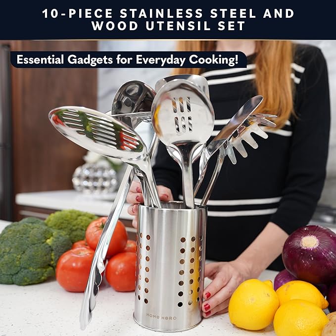 Home Hero Stainless Steel Kitchen Utensils Set - Wood Handle Nonstick Stainless Steel Cooking Utensils Set - Heat Resistant Kitchen Essentials & Metal Kitchen Gadgets (Silver & Wood) - Image 2