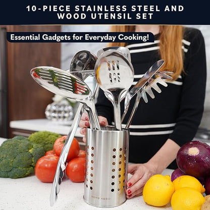 Home Hero Stainless Steel Kitchen Utensils Set - Wood Handle Nonstick Stainless Steel Cooking Utensils Set - Heat Resistant Kitchen Essentials & Metal Kitchen Gadgets (Silver & Wood) - Image 2