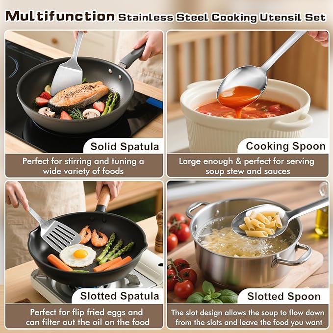 4 Pcs Cooking Utensils Set, Stainless Steel Kitchen Utensils, Heat Resistant Metal Kitchen Tools Include Solid & Slotted Turner Wok Spatula, Serving Spoon, Ergonomic Handle, Easy to Clean, Silver - Image 2