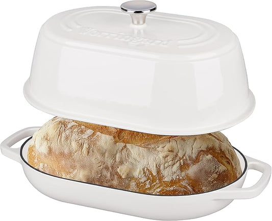 VORRINGARD Enameled Cast Iron Dutch Oven Pot with Dome Lid, Oval Bread Oven for Homemade Sourdough Bread Baking, Oven Safe up to 500°F, 6 Quart, White
