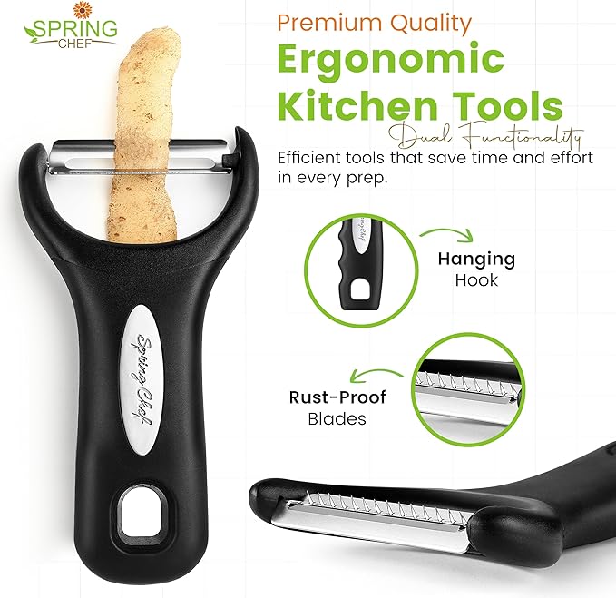 Spring Chef Vegetable Peelers for Kitchen - Stainless Steel Swivel, Y & Julienne Peelers, Potato Peelers with Soft Grip Handles, Kitchen Utensils Set of 3 for Fruits, Veggies, Apples, Carrots - Image 6