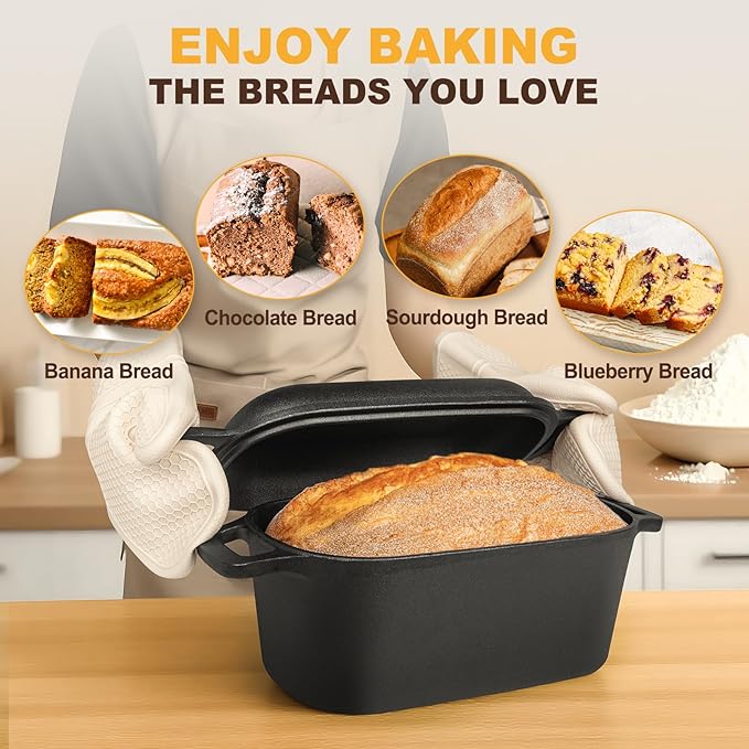 7QT Oval Dutch Oven for Sourdough Bread Baking, Pre-Seasoned Cast Iron Bread Pan with Lid, Even Heat Distribution for Homemade Bread