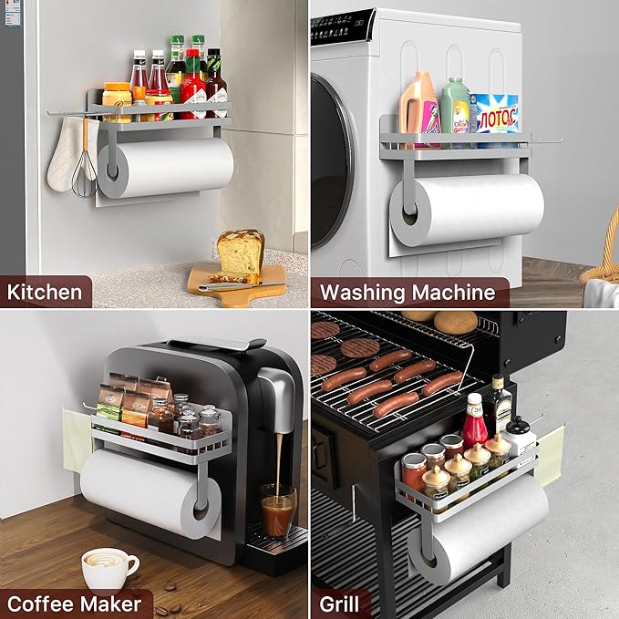 ZUNTO Magnetic Paper Towel Holder for Fridge, Strong Magnet Paper Towel Roll Holder with Spice Shelf and 2 Hooks, No Drilling Kitchen Organizer for Refrigerator, RV, Bathroom, Gray - Image 5