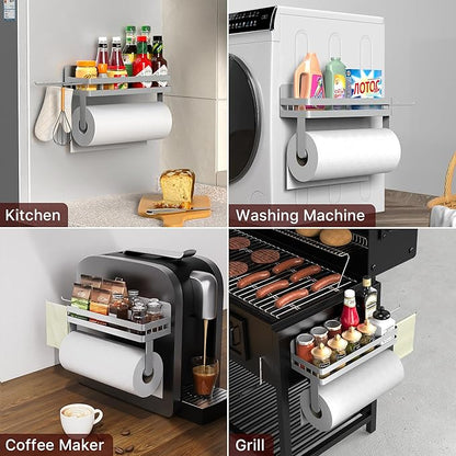 ZUNTO Magnetic Paper Towel Holder for Fridge, Strong Magnet Paper Towel Roll Holder with Spice Shelf and 2 Hooks, No Drilling Kitchen Organizer for Refrigerator, RV, Bathroom, Gray - Image 5