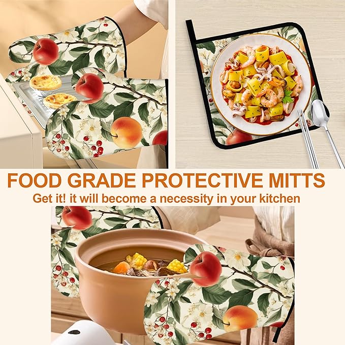 Apple Flower Oven Mitts & Potholder Set of 4 - Heat Resistant Kitchen Gloves Hot Pads for Baking, Cooking, Gifts for Women